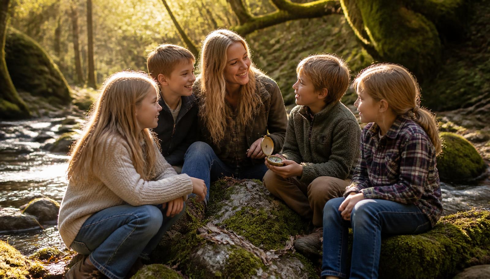 A homeschool mom and four children sitting by a creek, one holding a compass