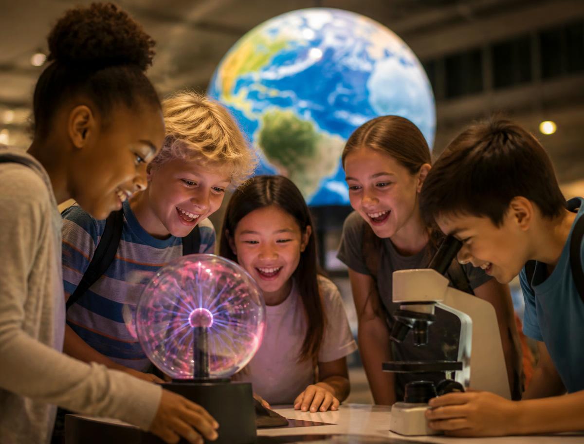 Homeschool kids laughing around a plasma globe and microscope at a science museum