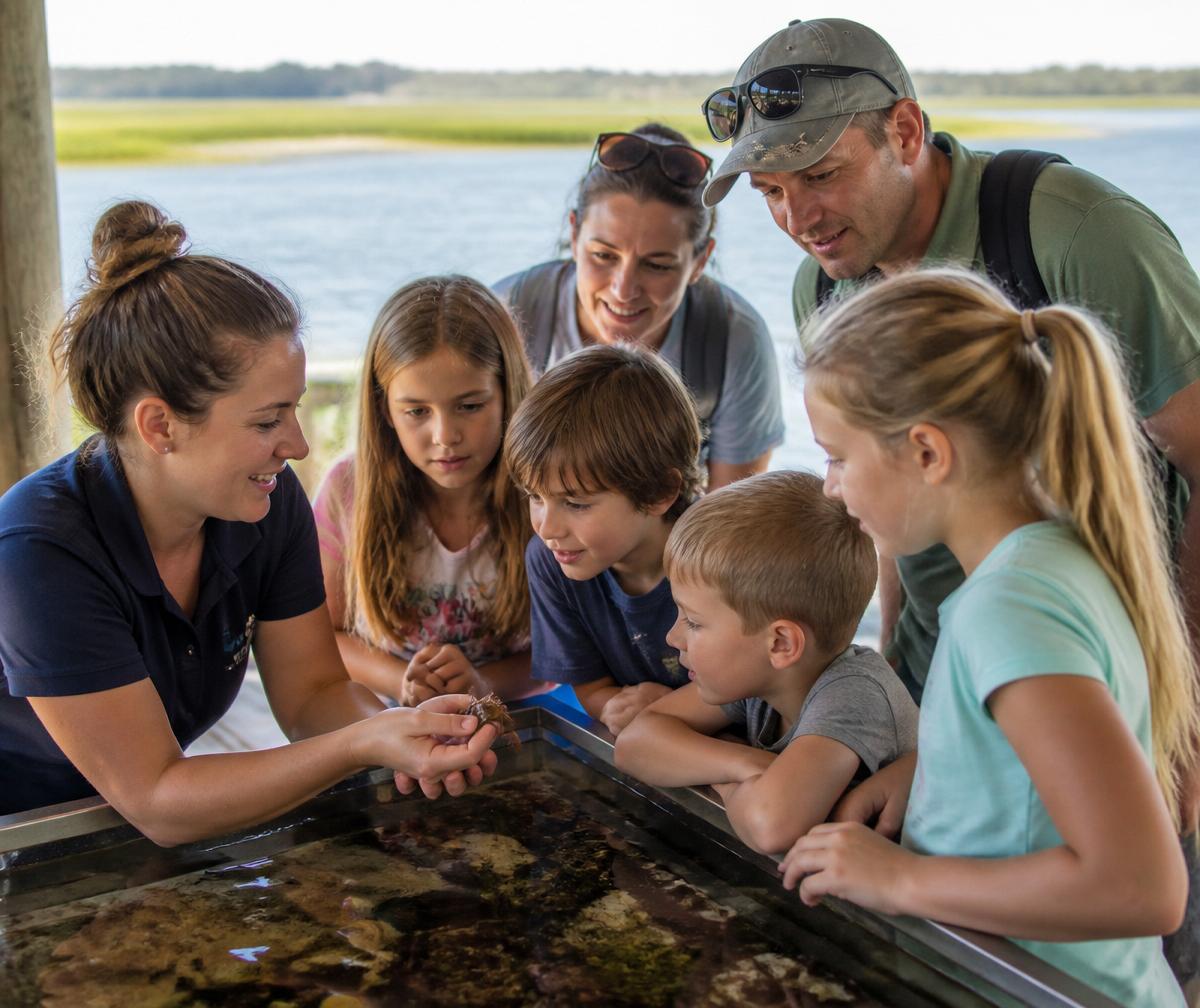 A marine lab educator showing a sea creature to homeschool kids and parents on a coastal dock